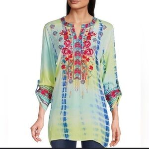 Calessa Women Tunic Blouse Crinkle Tie Dye Floral Embroidered 3/4 Sleeve L